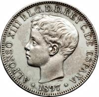 obverse of 1 Peso - Alfonso XIII (1897) coin with KM# 154 from Philippines. Inscription: ALFONSO XIII P.L.G.D.D.REY C.DE ESPAÑA * 1897 *