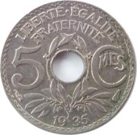 France coin 5 Centimes (1920 - 1938) reverse reverse of 5 Centimes (1920 - 1938) coin with KM# 875 from France. Inscription: LIBERTE · EGALITE FRATERNITE 5 CMES 19 35