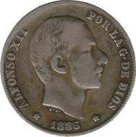 obverse of 20 Centavos - Alfonso XII (1880 - 1885) coin with KM# 149 from Philippines. Inscription: ALFONSO XII POR LA G DE DIOS * 1885 *