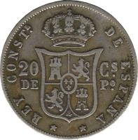 Philippines coin 20 Centavos - Alfonso XII (1880 - 1885) reverse reverse of 20 Centavos - Alfonso XII (1880 - 1885) coin with KM# 149 from Philippines. Inscription: REY CONSTL DE ESPAÑA 20 Cs DE Po