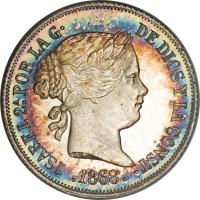 obverse of 10 Centimos - Isabella II (1864 - 1868) coin with KM# 145 from Philippines. Inscription: ISABEL 2ª POR LA G. DE DIOS Y LA CONST. LM 1868