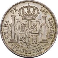 reverse of 50 Centimos - Isabella II (1865 - 1868) coin with KM# 147 from Philippines.