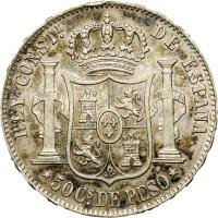 Philippines coin 50 Centavos - Alfonso XII (1880 - 1885) reverse reverse of 50 Centavos - Alfonso XII (1880 - 1885) coin with KM# 150 from Philippines. Inscription: REY CONSTL DE ESPANA *50 Cs DE PESO*