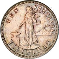Philippines coin 10 Centavos - U.S. Administration (1903 - 1906) reverse reverse of 10 Centavos - U.S. Administration (1903 - 1906) coin with KM# 165 from Philippines. Inscription: TEN CENTAVOS FILIPINAS