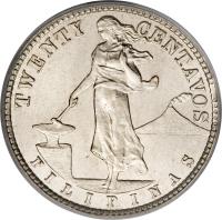 reverse of 20 Centavos - Mule (1928) coin with KM# 174 from Philippines. Inscription: TWENTY CENTAVOS FILIPINAS