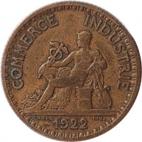 obverse of 1 Franc - Chambres de Commerce (1920 - 1927) coin with KM# 876 from France. Inscription: COMMERCE INDUSTRIE 1922 DOMARD INV