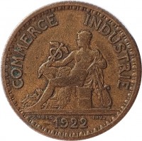 France coin 1 Franc - Chambres de Commerce (1920 - 1927) obverse obverse of 1 Franc - Chambres de Commerce (1920 - 1927) coin with KM# 876 from France. Inscription: COMMERCE INDUSTRIE 1922 DOMARD INV