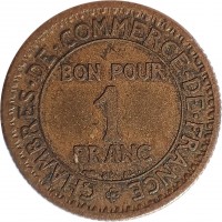 reverse of 1 Franc - Chambres de Commerce (1920 - 1927) coin with KM# 876 from France. Inscription: CHAMBRES · DE · COMMERCE · DE · FRANCE BON POUR 1 FRANC BR AL