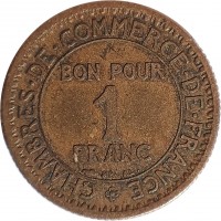 France coin 1 Franc - Chambres de Commerce (1920 - 1927) reverse reverse of 1 Franc - Chambres de Commerce (1920 - 1927) coin with KM# 876 from France. Inscription: CHAMBRES · DE · COMMERCE · DE · FRANCE BON POUR 1 FRANC BR AL