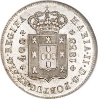 obverse of 400 Réis - Maria II (1833 - 1837) coin with KM# 403 from Portugal. Inscription: MARIA · II · D · G · PORTUG · ET · ALG · REGINA *400* *1835*