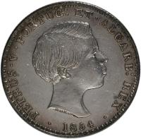 obverse of 500 Réis / 5 Tostões - Pedro V (1854) coin with KM# 492 from Portugal. Inscription: PETRUS · V · PORTUG: ET · ALGARB: REX · 1854 ·