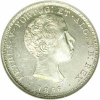 obverse of 500 Réis / 5 Tostões - Pedro V (1855 - 1856) coin with KM# 494 from Portugal. Inscription: PETRUS · V · PORTUG: ET · ALGARB: REX · 1856 ·