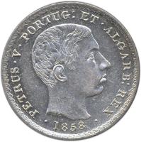 obverse of 500 Réis / 5 Tostões - Pedro V (1857 - 1859) coin with KM# 498 from Portugal. Inscription: PETRUS · V · PORTUG: ET ALGARB: REX · 1858 ·