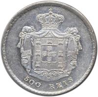 Portugal coin 500 Réis / 5 Tostões - Pedro V (1857 - 1859) reverse reverse of 500 Réis / 5 Tostões - Pedro V (1857 - 1859) coin with KM# 498 from Portugal. Inscription: 500 REIS