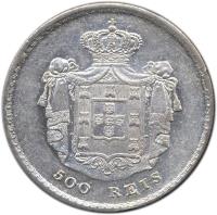 reverse of 500 Réis / 5 Tostões - Pedro V (1857 - 1859) coin with KM# 498 from Portugal. Inscription: 500 REIS