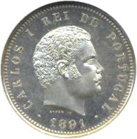 obverse of 200 Réis / 2 Tostões - Carlos I (1891 - 1893) coin with KM# 534 from Portugal. Inscription: CARLOS I REI DE PORTUGAL ALVES * 1891 *