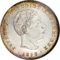 obverse of 100 Réis - Pedro V (1857 - 1861) coin with KM# 497 from Portugal. Inscription: PETRUS · V · PORTUG:ET · ALGARB · REX · 1858 ·