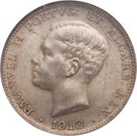 obverse of 500 Réis - Manuel II - Marquez de Pombal (1910) coin with KM# 557 from Portugal. Inscription: EMANVEL · II · PORTVG: ET · ALGARB: REX V.ALVES * 1910 *