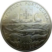 obverse of 1000 Escudos - Oceanographic Expeditions (1997) coin with KM# 695 from Portugal. Inscription: REPUBLICA PORTUGUESA S.MACHADO INCM 1997 1000 ESC.
