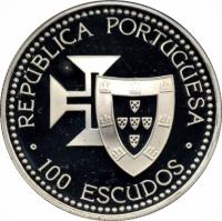 obverse of 100 Escudos - Madeira and Porto Santo (1989) coin with KM# 647a from Portugal. Inscription: REPUBLICA PORTUGUESA · 100 ESCUDOS ·