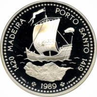 reverse of 100 Escudos - Madeira and Porto Santo (1989) coin with KM# 647a from Portugal. Inscription: 1420 MADEIRA	PORTO SANTO 1419 AVE MARIA ISABEL C ✠ 1989 ✠ F.BRANCO
