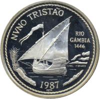 Portugal coin 100 Escudos - Nuno Tristão (1987) reverse reverse of 100 Escudos - Nuno Tristão (1987) coin with KM# 640a from Portugal. Inscription: NVNO TRISTÃO RIO GAMBIA 1446 ISABEL · F BRANCO 1987