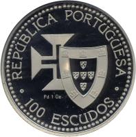 obverse of 100 Escudos - Madeira and Porto Santo (1989) coin with KM# 647c from Portugal. Inscription: REPUBLICA PORTUGUESA Pd. 1 Oz · 100 ESCUDOS ·