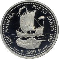 reverse of 100 Escudos - Madeira and Porto Santo (1989) coin with KM# 647c from Portugal. Inscription: 1420 MADEIRA	PORTO SANTO 1419 AVE MARIA ISABEL C ✠ 1989 ✠ F.BRANCO