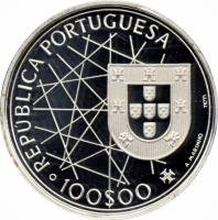 Portugal coin 100 Escudos - Discovery of Azores (1989) obverse obverse of 100 Escudos - Discovery of Azores (1989) coin with KM# 648a from Portugal. Inscription: REPUBLICA PORTUGUESA · 100$00