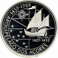 reverse of 100 Escudos - Discovery of Azores (1989) coin with KM# 648a from Portugal. Inscription: 1439-1989 · ARQUIPÉLAGO DOS ACORES 1427-1452