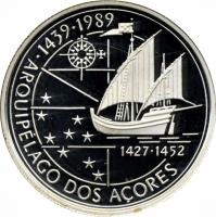 Portugal coin 100 Escudos - Discovery of Azores (1989) reverse reverse of 100 Escudos - Discovery of Azores (1989) coin with KM# 648a from Portugal. Inscription: 1439-1989 · ARQUIPÉLAGO DOS ACORES 1427-1452