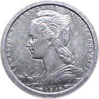 obverse of 1 Franc - Mule (1948) coin with KM# 7 from Réunion. Inscription: RÉPUBLIQUE FRANCAISE UNION FRANCAISE 1948