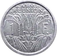reverse of 1 Franc - Mule (1948) coin with KM# 7 from Réunion. Inscription: RÉUNION 1 FRANC