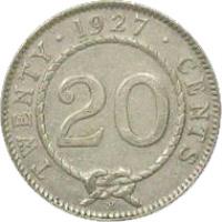 Sarawak coin 20 Cents - Charles Vyner Brooke (1927) reverse reverse of 20 Cents - Charles Vyner Brooke (1927) coin with KM# 17a from Sarawak. Inscription: TWENTY · 1927 · CENTS 20