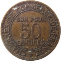 France coin 50 Centimes - Chambres de Commerce (1920 - 1929) reverse reverse of 50 Centimes - Chambres de Commerce (1920 - 1929) coin with KM# 884 from France. Inscription: CHAMBRES DE COMMERCE DE FRANCE BON POUR 50 CENTIMES BR AL