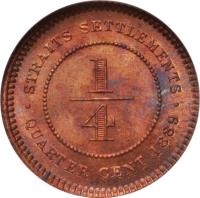 Straits Settlements coin 1/4 Cent - Victoria (1889 - 1901) reverse reverse of 1/4 Cent - Victoria (1889 - 1901) coin with KM# 14 from Straits Settlements. Inscription: STRAITS SETTLEMENTS 1/4 · QUARTER CENT 1901 ·