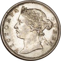 obverse of 20 Cents - Victoria (1871 - 1901) coin with KM# 12 from Straits Settlements. Inscription: VICTORIA QUEEN