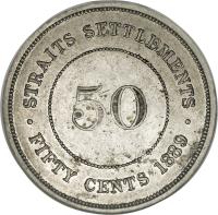 Straits Settlements coin 50 Cents - Victoria (1886 - 1901) reverse reverse of 50 Cents - Victoria (1886 - 1901) coin with KM# 13 from Straits Settlements. Inscription: STRAITS SETTLEMENTS 50 · FIFTY CENTS 1889 ·