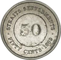 reverse of 50 Cents - Victoria (1886 - 1901) coin with KM# 13 from Straits Settlements. Inscription: STRAITS SETTLEMENTS 50 · FIFTY CENTS 1889 ·