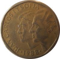 obverse of 500 Pesetas - Juan Carlos I (1987 - 1990) coin with KM# 831 from Spain. Inscription: JUAN CARLOS I Y SOFIA 1989