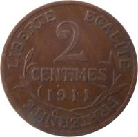 reverse of 2 Centimes (1898 - 1920) coin with KM# 841 from France. Inscription: LIBERTE EGALITE FRATERNITE 2 CENTIMES 1920