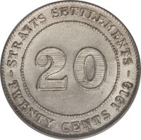 reverse of 20 Cents - George V (1919) coin with KM# 30a from Straits Settlements. Inscription: -STRAITS SETTLEMENTS - 20 TWENTY CENTS 1919