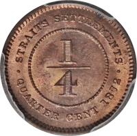 reverse of 1/4 Cent - Victoria (1872 - 1883) coin with KM# 7 from Straits Settlements. Inscription: · STRAITS SETTLEMENTS · 1 4 QUARTER CENT 1872