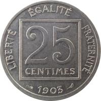 reverse of 25 Centimes (1903 - 1904) coin with KM# 855 from France. Inscription: LIBERTÉ ÉGALITÉ FRATERNITÉ 25 CENTIMES 1903