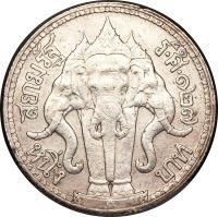 Thailand coin 1 Baht - Rama V (1908) reverse reverse of 1 Baht - Rama V (1908) coin with Y# 39 from Thailand. Inscription: ๑๒๗