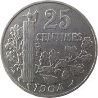 France coin 25 Centimes (1904 - 1908) reverse reverse of 25 Centimes (1904 - 1908) coin with KM# 856 from France. Inscription: 25 CENTIMES 1904