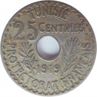 Tunisia coin 25 Centimes - Muḥammad V an-Nāṣir (1918 - 1920) reverse reverse of 25 Centimes - Muḥammad V an-Nāṣir (1918 - 1920) coin with KM# 244 from Tunisia. Inscription: TUNISIE 25 CENTIMES 1919 PROTECTORAT FRANCAIS