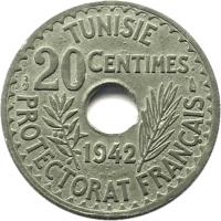 reverse of 20 Centimes - Aḥmad II ibn Ali (1942) coin with KM# 268 from Tunisia. Inscription: TUNISIE 20 CENTIMES 1942 PROTECTORAT FRANÇAIS