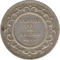 Tunisia coin 2 Francs - Muhammad IV al-Hadi (1903 - 1906) reverse reverse of 2 Francs - Muhammad IV al-Hadi (1903 - 1906) coin with KM# 232 from Tunisia. Inscription: TUNISIE 2 FRANCS 1904 A