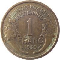 reverse of 1 Franc (1931 - 1941) coin with KM# 885 from France. Inscription: LIBERTE-EGALITE FRATERNITE 1 FRANC 1939